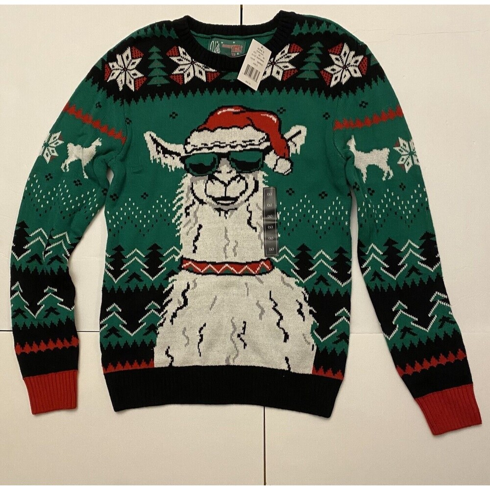 NWT Ugly Christmas Sweater Llama in Santa Hat & Sunglasses  Green -  Men's S